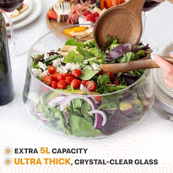 Large Glass Salad Bowl with Lid Set – 5 L, Glass Serving Bowl with Utensils - Image 2