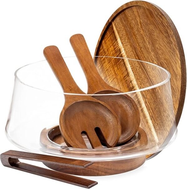 Large Glass Salad Bowl with Lid Set – 5 L, Glass Serving Bowl with Utensils