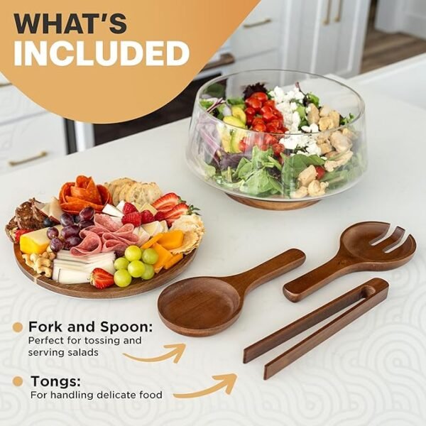 Large Glass Salad Bowl with Lid Set – 5 L, Glass Serving Bowl with Utensils - Image 4