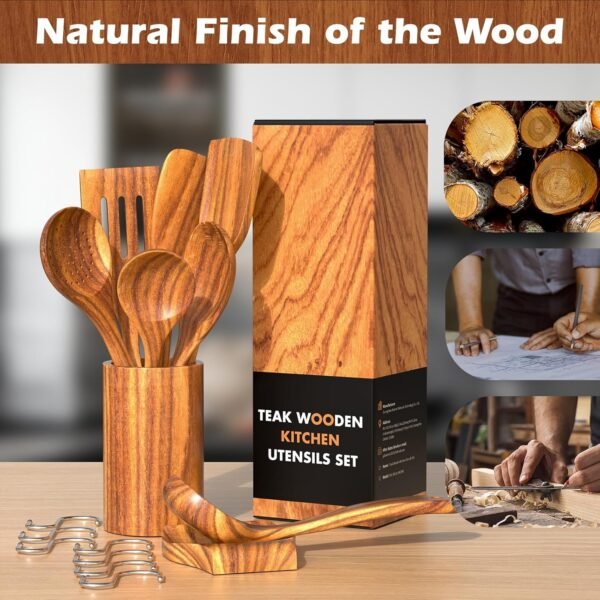 Natural Teak Kitchen Cooking Utensil Set with Holder - Image 4